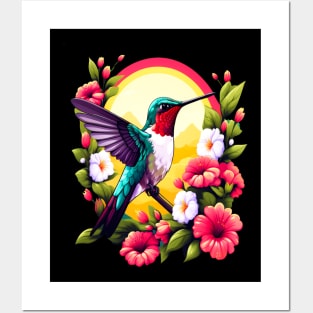 Cute Ruby Throated Hummingbird Surrounded by Spring Flowers Posters and Art